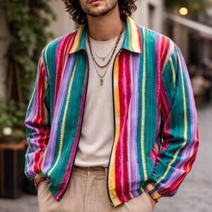 Vintage BonWorth Colorful Stripe Zip Front Bomber Jacket